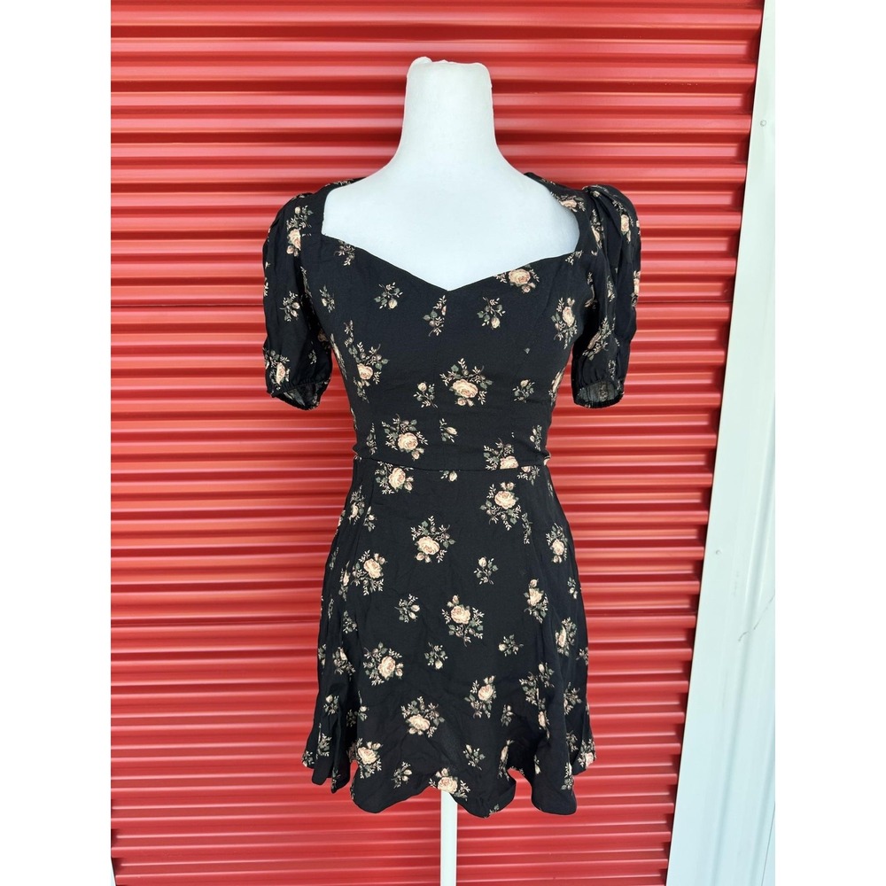 Reformation Linely Dress Womens 4 Black Floral Puff Sleeve Fit & Flare Mini